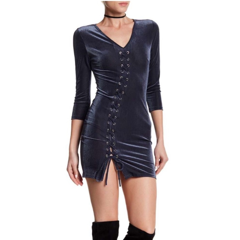 Ribbed Velvet Lace-Up Dress